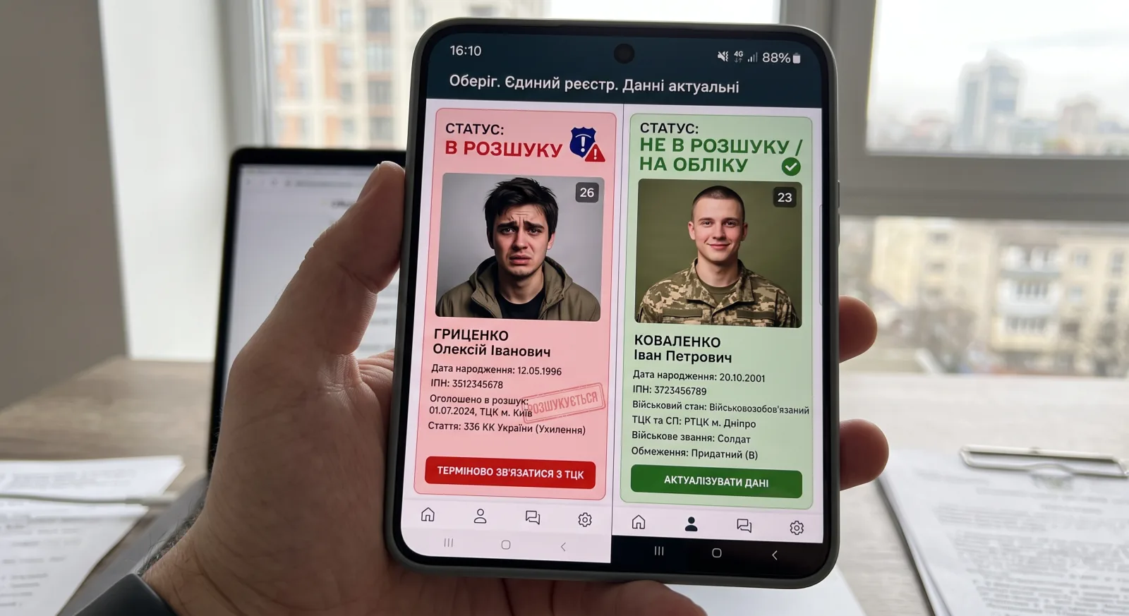 Статус розшуку у військовому реєстрі на телефоні