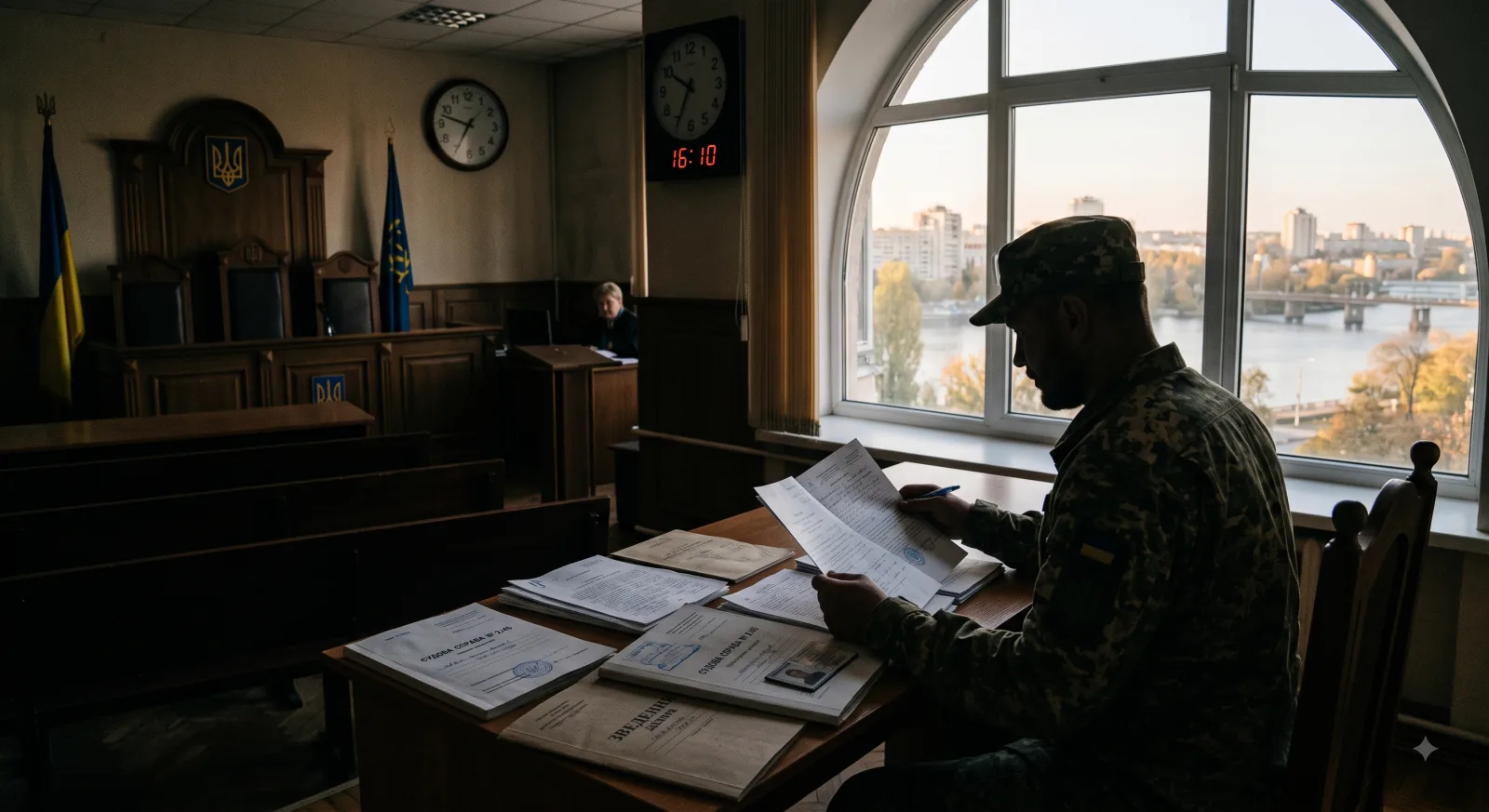Військовослужбовець із документами у залі суду